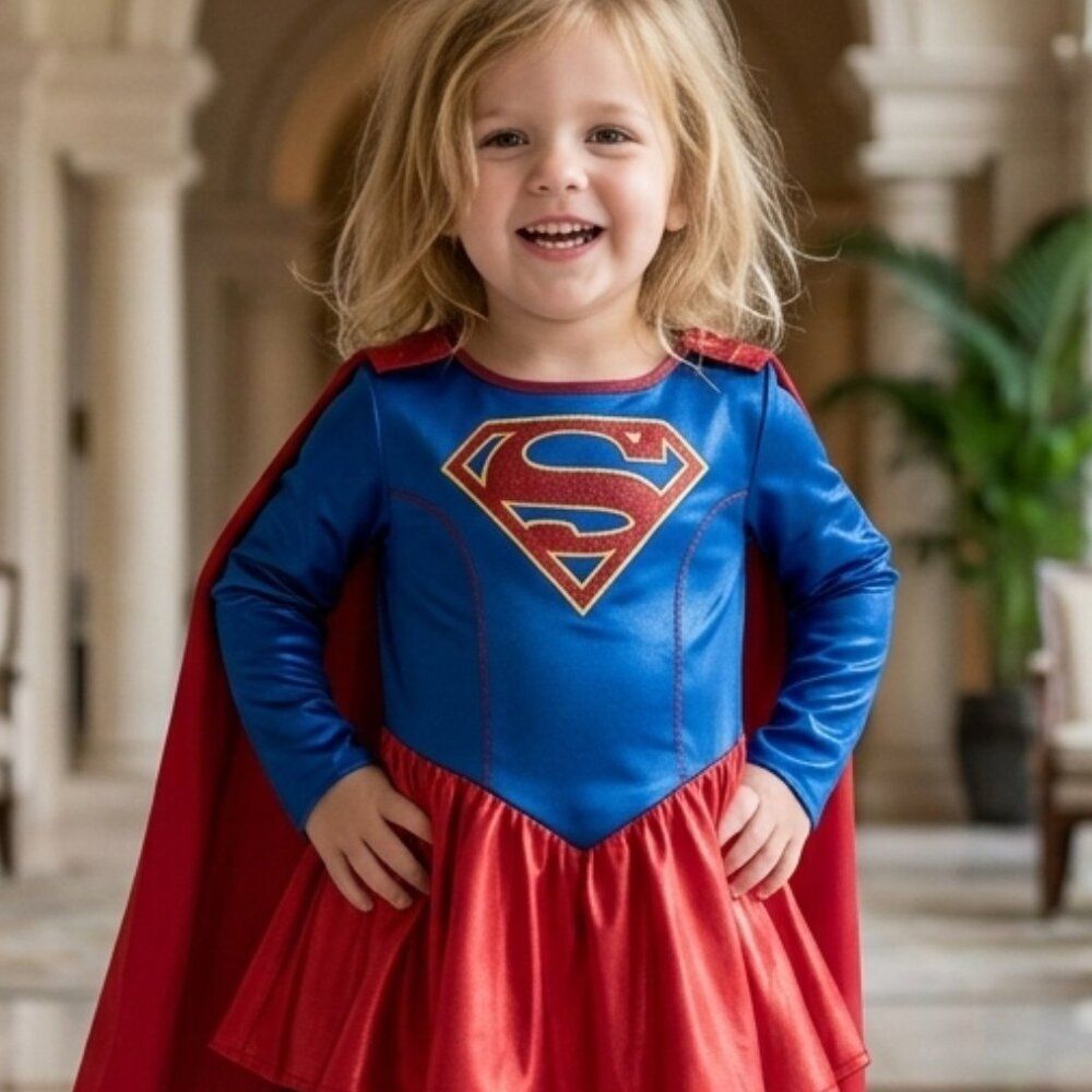 Rubie’s Supergirl Costume Dress with Detachable Cape Girls Size 3-4T Blue Red